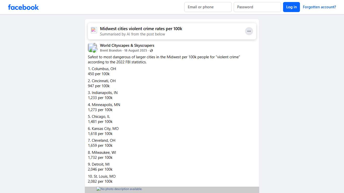 World Cityscapes & Skyscrapers Safest to most dangerous of larger cities in the Midwest per 100k people for "violent crime" according to the 2022 FBI statistics Facebook